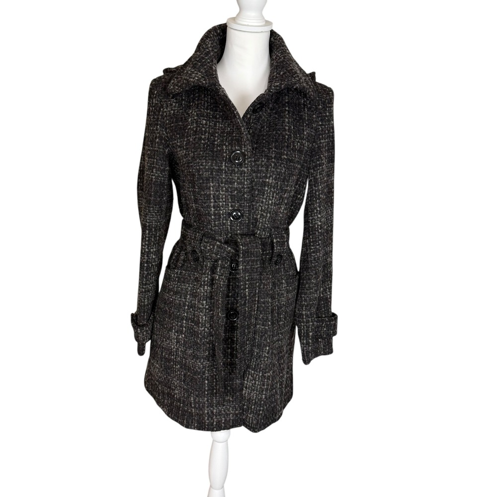 Gallery New York Tweed Trench Coat Hooded Belted Wool‎ Blend Women's Size S